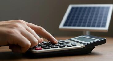 Calculator and Solar Panel Calculating Energy Costs photo