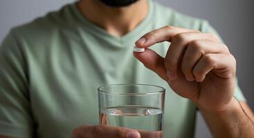 Man with Pill and Water Glass photo