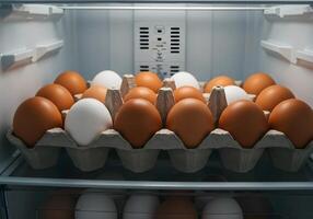 Brown and White Eggs in Carton Inside Refrigerator photo