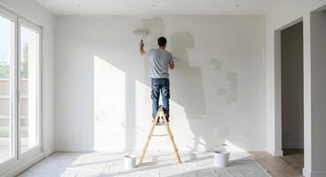 Painter Paints White Wall in Bright Empty Room photo