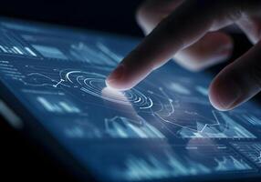Hand Interacting with Digital Data Graphics on Screen photo