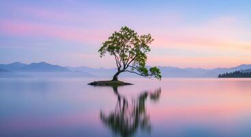 Tree in Water with Mountain Landscape photo
