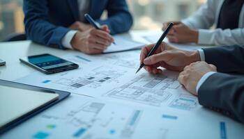 People Discussing Architectural Blueprint Plans photo