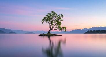 Lone Tree in Lake Wanaka New Zealand at Dawn photo