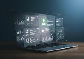 Laptop with Data Charts and User Profiles on Screen photo