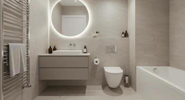 Bathroom Design with Vanity, Mirror, Toilet and Bathtub photo