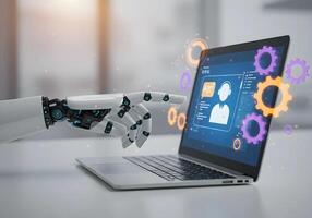 Robot Arm Interacting with Laptop photo