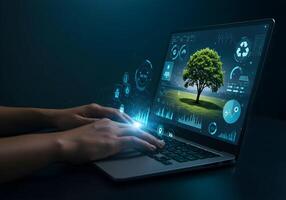 Laptop Displaying Green Energy Dashboard with Tree photo
