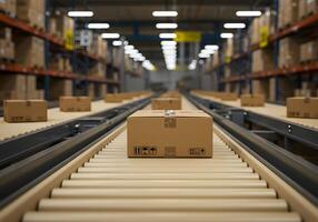 Cardboard Box on Conveyor Belt in Distribution Warehouse photo
