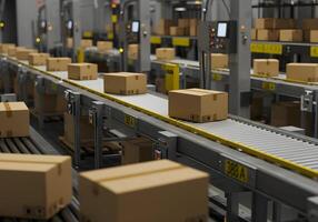 Cardboard Boxes on Conveyor Belt in Warehouse photo