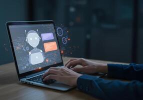 Robot on Laptop Screen Person Typing photo