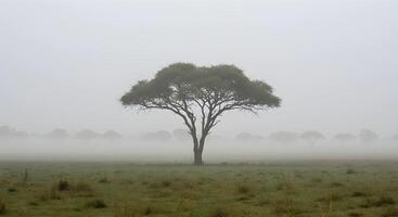Lone Tree Standing in Foggy Field photo
