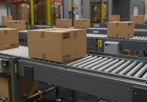 Cardboard Box Moves on Conveyor Belt in Distribution Warehouse photo