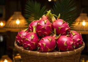 Dragon Fruit in Wicker Basket with Lamps and Plant photo