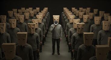 Person Speaks Into Megaphone Among Crowd with Paper Bag Head photo