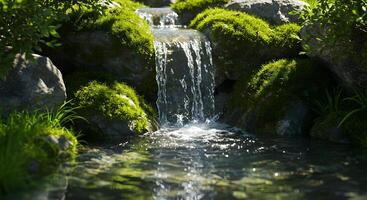 Waterfall with Mossy Rocks. photo