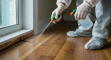 Pest Control Spraying Wood Floor Near Window photo