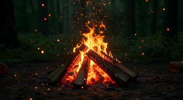 Bonfire with Flames and Sparks in Forest photo