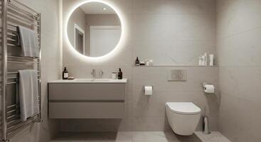 Bathroom with Gray Vanity and Round Mirror photo