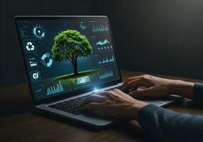 Tree on Laptop Screen with Data Charts and Hands Typing photo