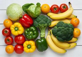 Assorted Fruits and Vegetables Cabbage, Banana, Tomato and Pepper photo