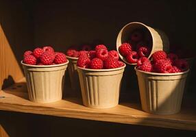 Raspberry in Paper Cup on Wooden Shelf photo