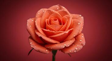 Peach Rose with Water Droplets on Red Background photo