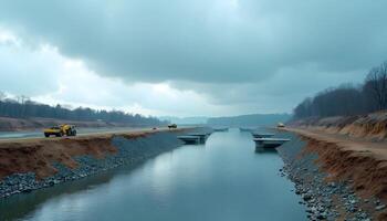Construction Site Canal with Excavator on Cloudy Day photo