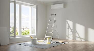 Room Painting with Ladder, Window, Buckets, and Air Conditioner photo