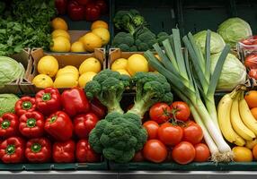 Fresh Product Display with Vegetables and Fruits photo