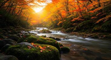 Autumn River Landscape with Mossy Rocks photo