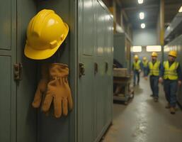 Hard Hat and Glove at Locker with Workers photo