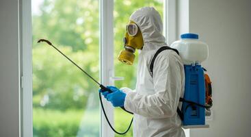 Person in Hazmat Suit Spraying Liquid photo