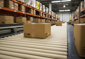 Cardboard Box on Conveyor Belt in Warehouse photo