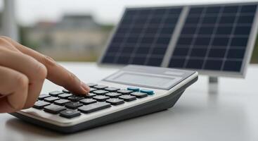 Calculator and Solar Panel Energy Cost Calculation photo