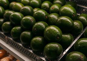 Pile of Green Avocados on Metal Tray photo