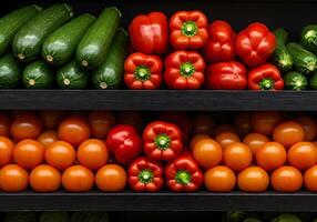 Fresh Vegetables Zucchini, Pepper, Tomato on Shelf photo
