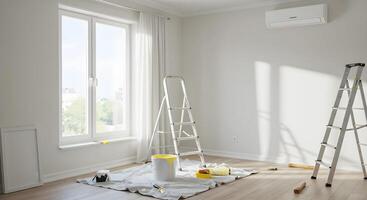 Room Painting with Ladders, Paint Bucket and Roller photo