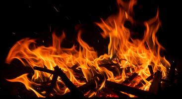 Burning Fire Flames with Wood photo