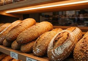 Fresh Bread Displayed on Wooden Shelf photo