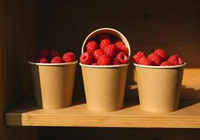 Raspberries in Paper Cups. photo