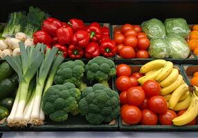 Fresh Produce Display with Vegetables and Fruits. photo