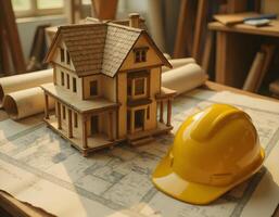 House Model on Blueprint with Hard Hat photo