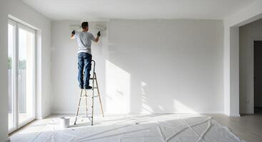Man Paints Wall with Roller on Ladder photo