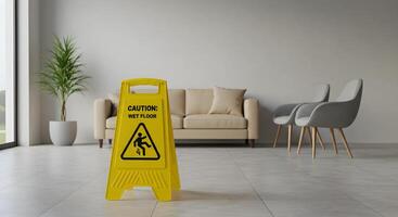 Wet Floor Sign Near Sofa and Chairs photo