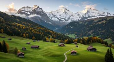 Snowy Mountains Landscape with Green Valley and Chalet photo