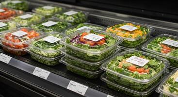 Prepackaged Salad Selection in Supermarket Refrigerated Display photo
