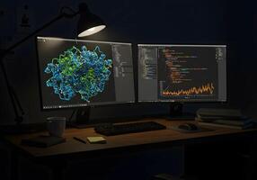 Dual Monitor Setup with Code and 3d Rendering photo