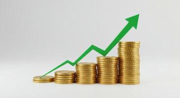 Financial growth concept showing a green arrow pointing upwards with coins photo