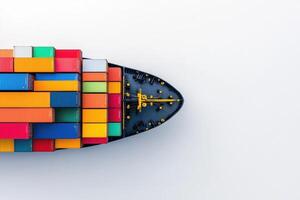 Overhead view of a cargo ship filled with shipping containers, highlighting logistics and global trade, with ample copy space for business branding. Transportation concept photo